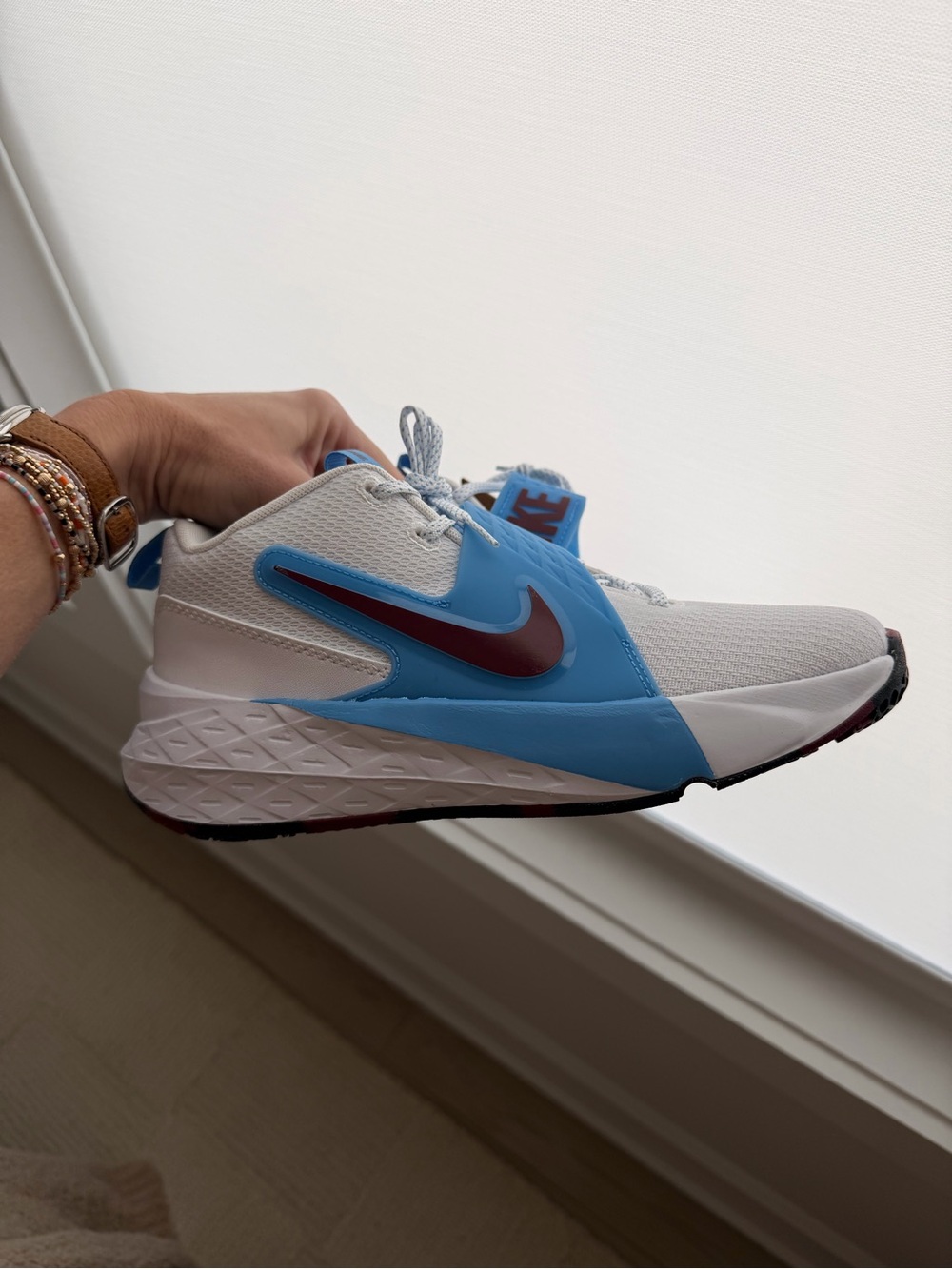 Nike Men's White and Blue Training Shoe with Maroon Swoosh Accent